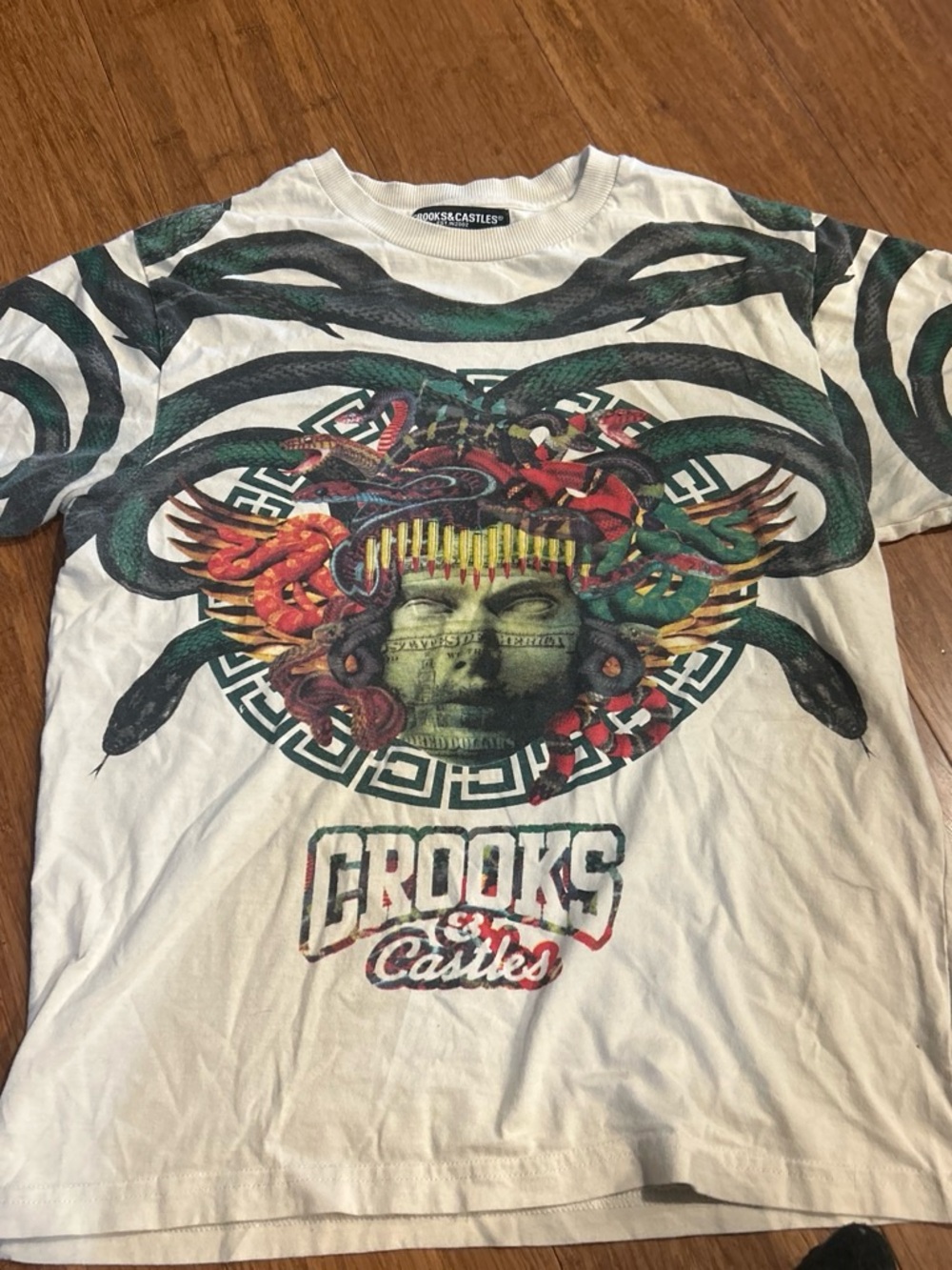 Crooks & Castles White Tee with Black Label and Green Accent